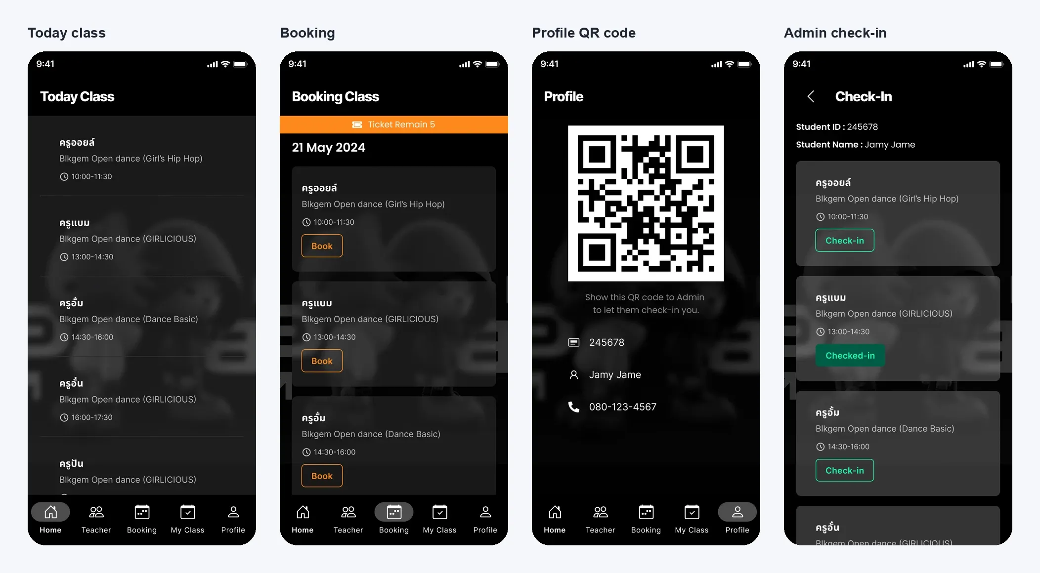 BLKGEM app screens: today’s classes with teacher and time, booking a class with tickets remaining, a student profile with a QR code, and the admin check-in screen after a scan