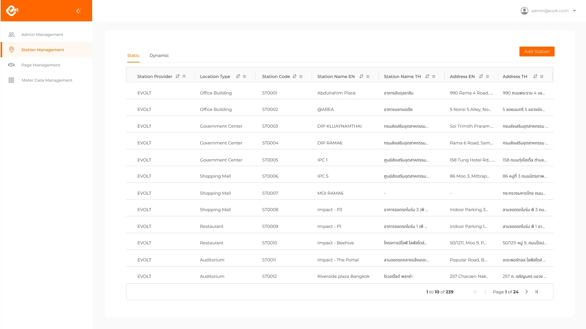 EVolt back office, station management: static stations with provider, location type, station code, and name and address in English and Thai, with an Add Station button