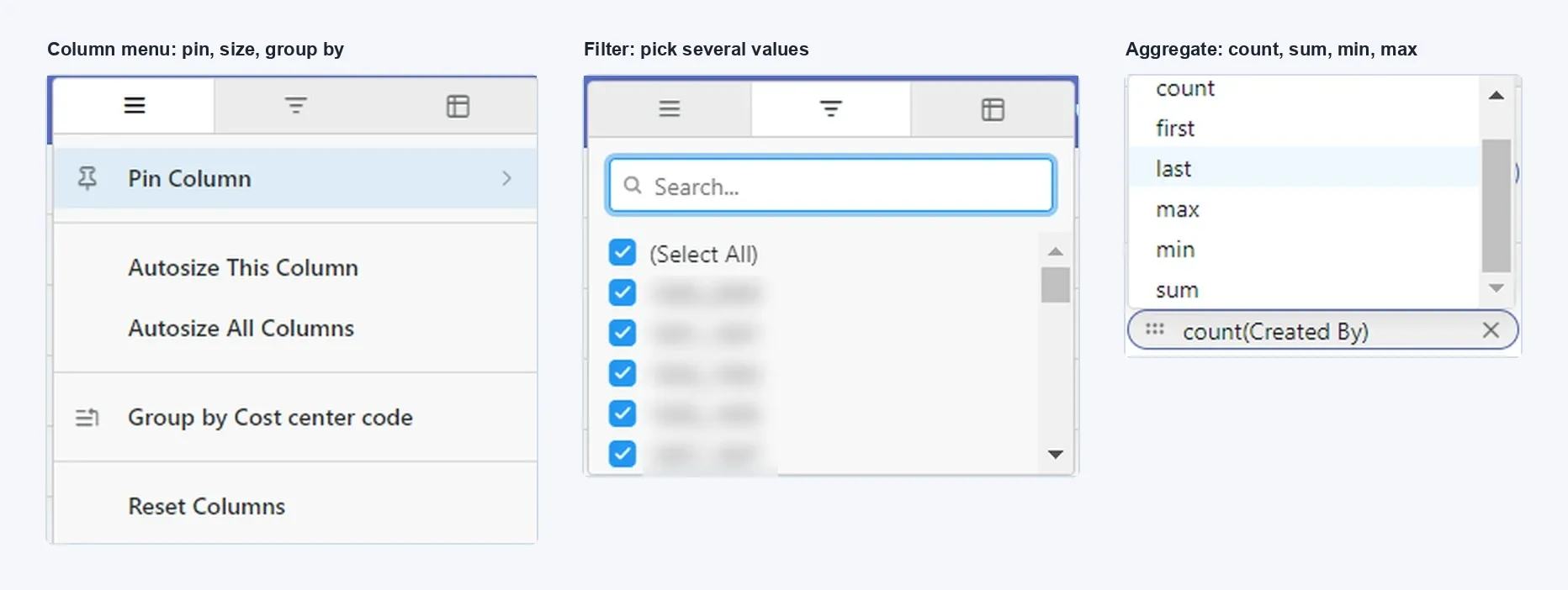 GMM Report table tools: a column menu to pin, autosize and group by cost centre; a filter that picks several values; and aggregate functions count, first, last, max, min and sum