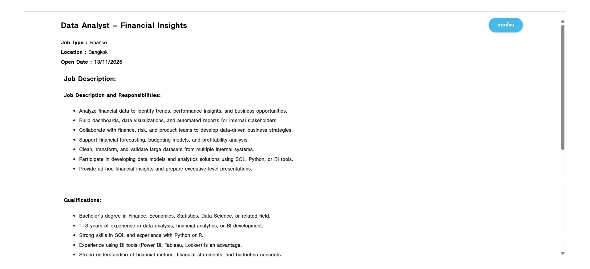 HR previews a job post before publishing, with a switch to view it in Thai