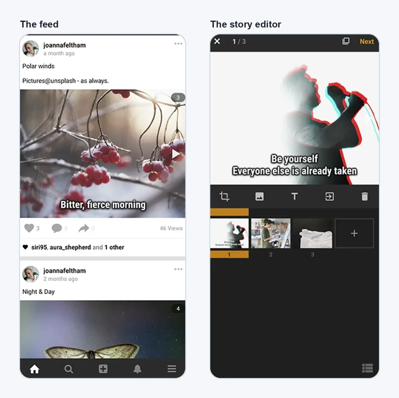 Photory app screens: the feed with a captioned photo story, likes, comments, shares and views, and the story editor with crop, filter, text and scene tools and three scenes in order