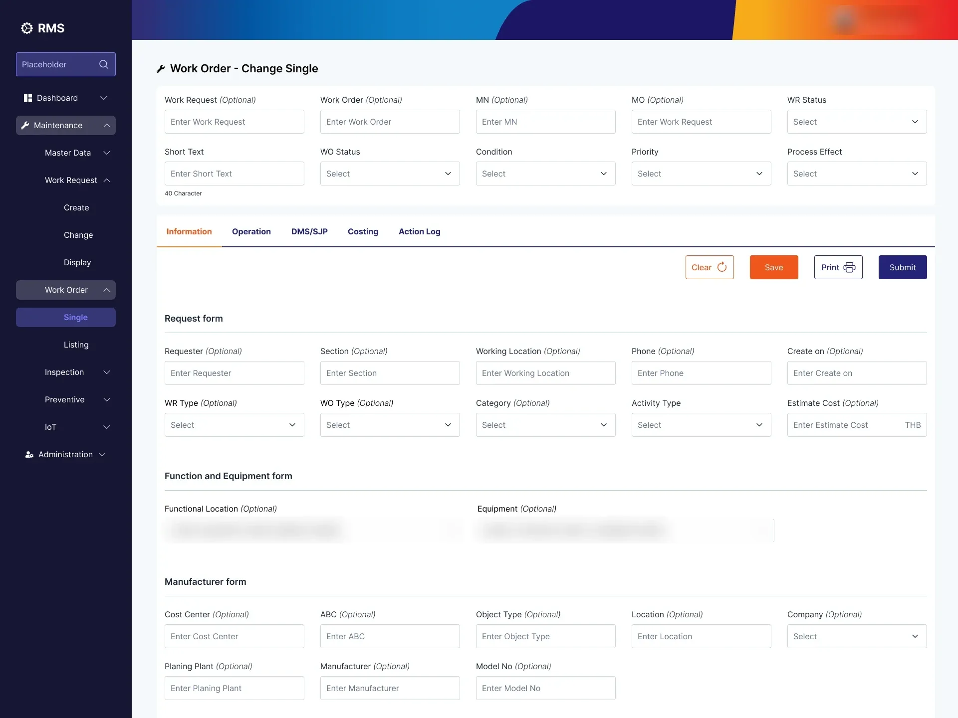 High-fidelity design of the maintenance system’s work order screen, with its navigation menu and a form grouped into clear sections